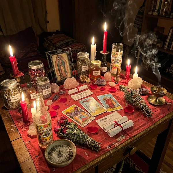 Altar ritual de amarres de amor con velas, rosas, frascos y elementos esotéricos