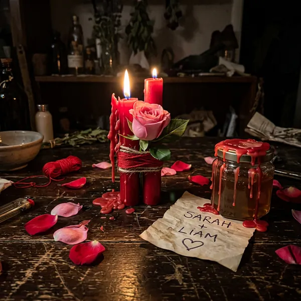 Amarre de amor con velas rojas atadas con hilo rojo y frasco de miel