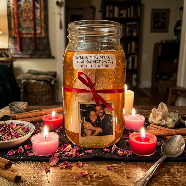 Frasco de miel con papel e ingredientes de endulzamiento con velas rosas