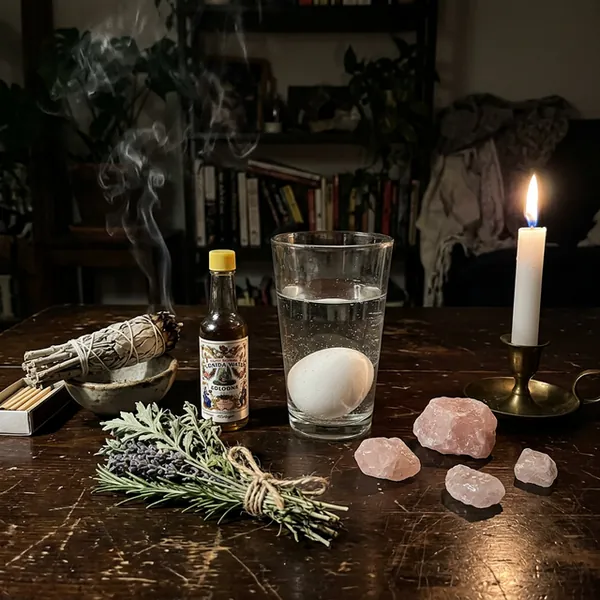 Ritual de limpieza espiritual con huevo, salvia, agua florida y vela blanca