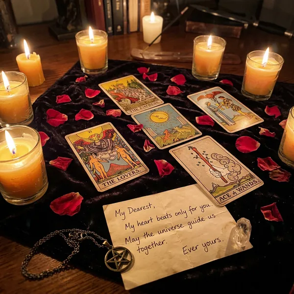 Cartas de tarot sobre tela oscura con velas y pétalos de rosa para lectura amorosa