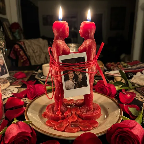 Dos velas rojas atadas juntas con hilo y rosas para amarre de amor eterno